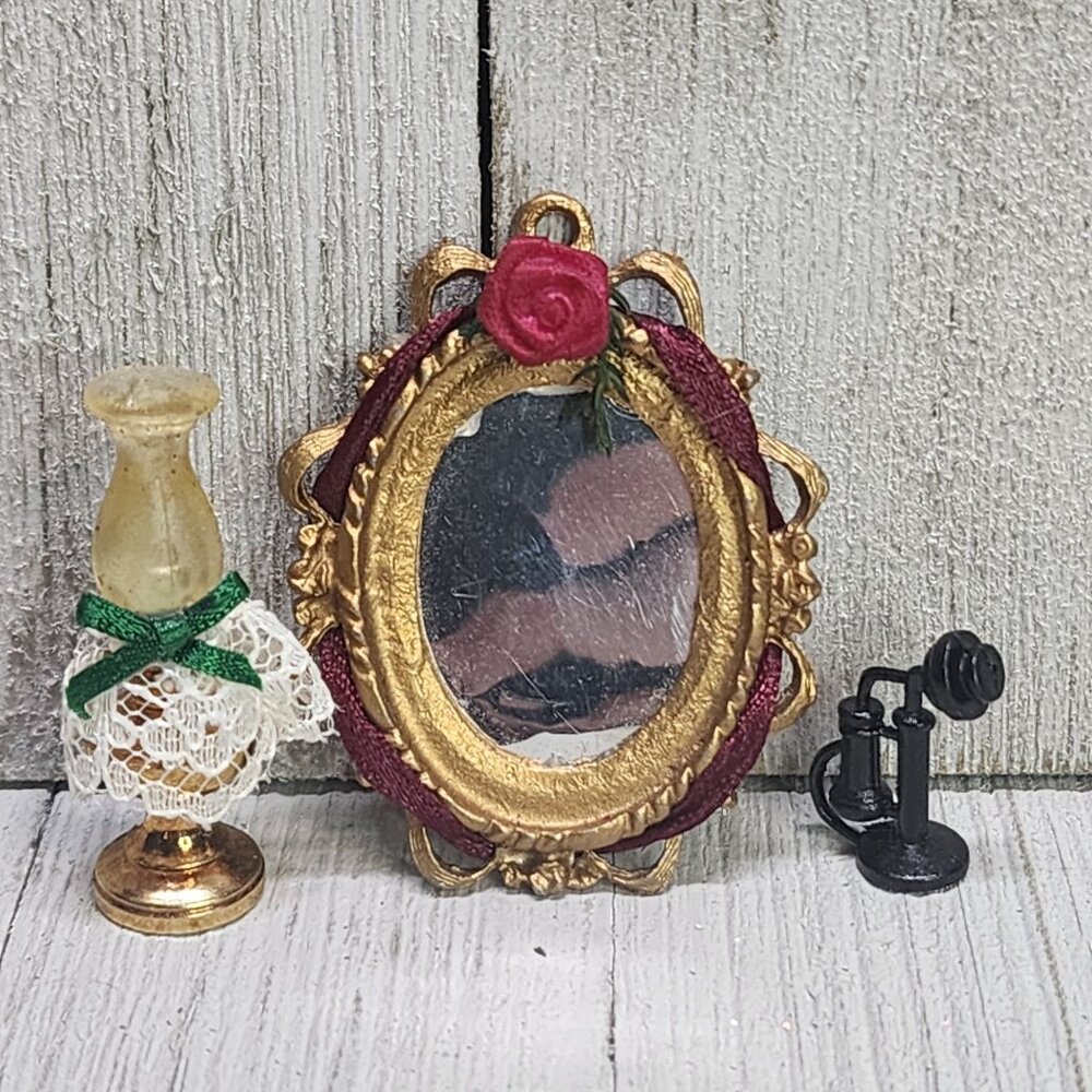 Vintage Dollhouse Miniature Victorian Mirror Hurricane Lamp Black Telephone SET